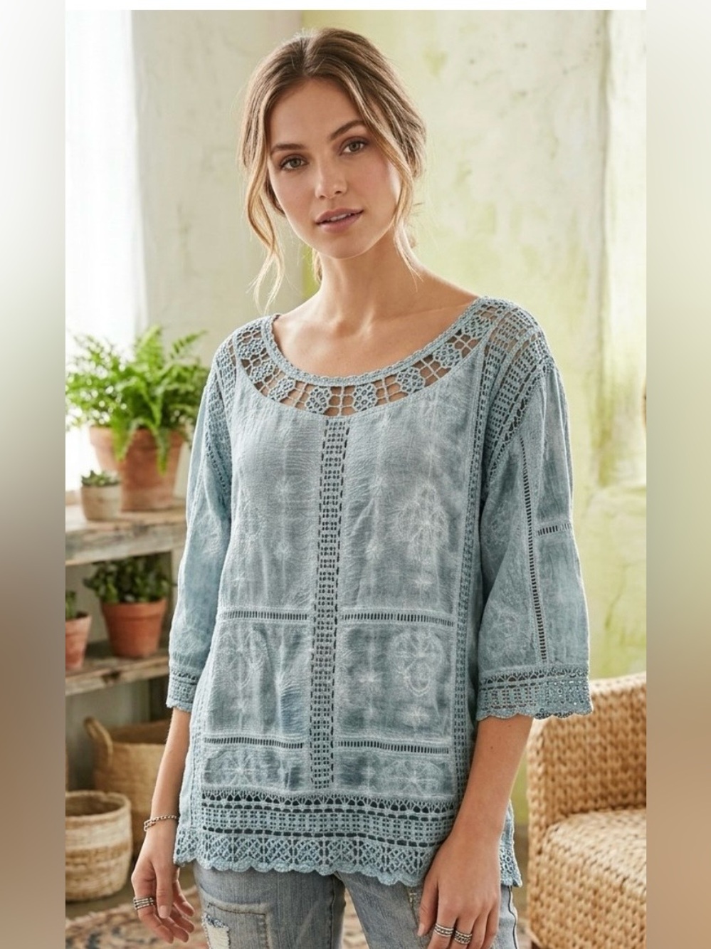 Democracy Spliced Light Blue Crochet-Trim Peasant Top - Women Sz Small